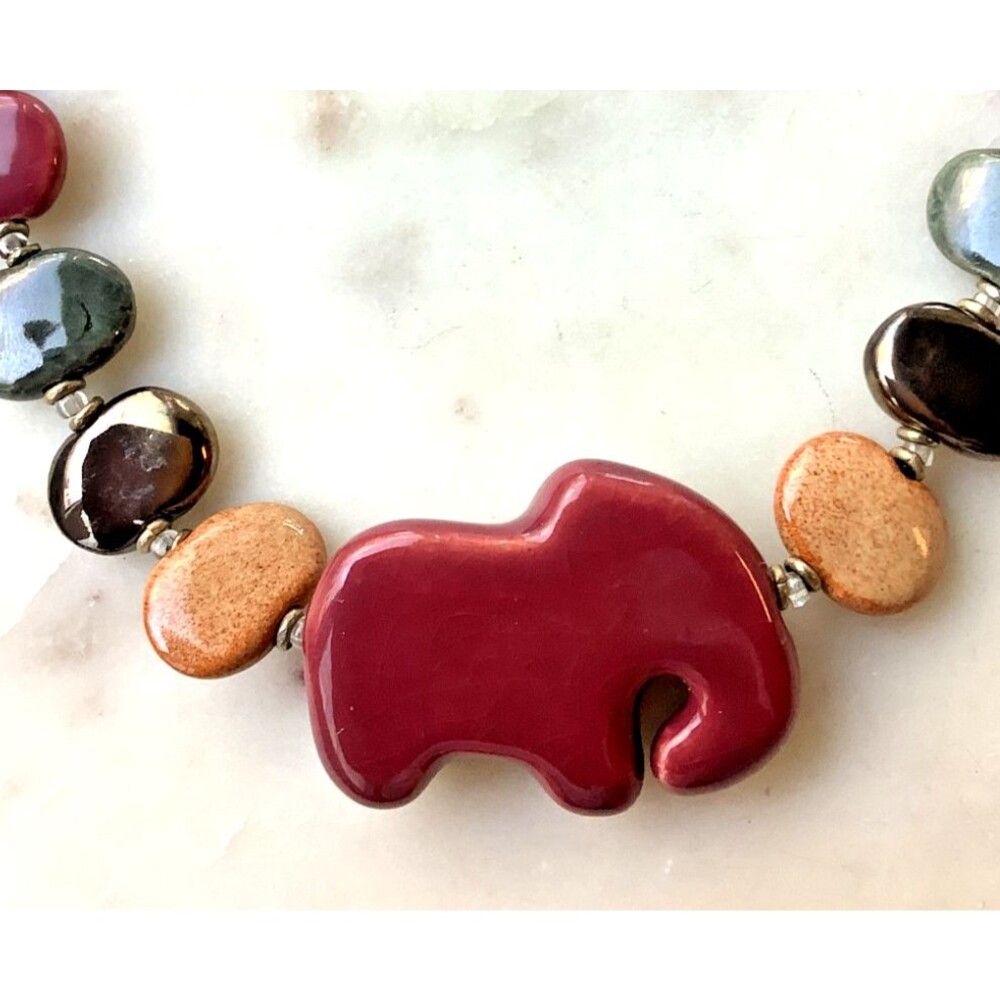 Ceramic Elephant Necklace Statement Pendant Colorful Glazed Beads 22"